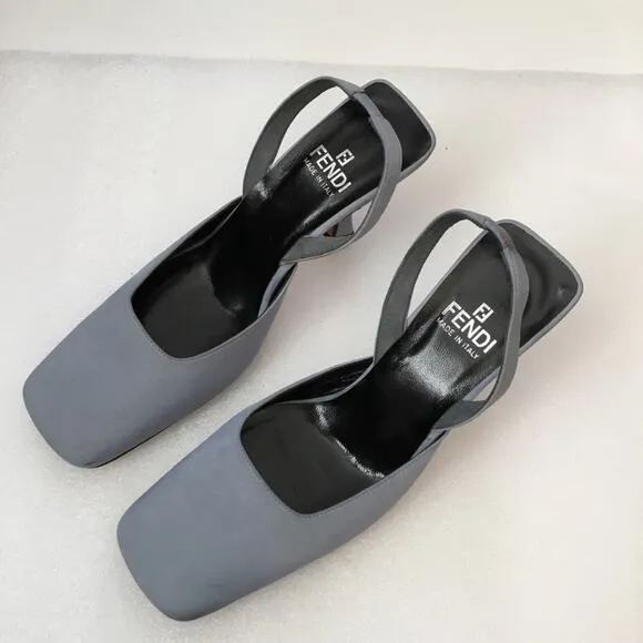 Authentic Fendi Blue Square-Toe Slingback Heels