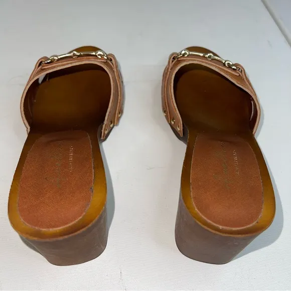 Avellini Wooden&amp; Leather Heels Made In Italy Women's Tan Mules
