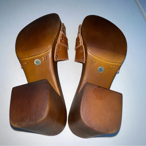 Avellini Wooden&amp; Leather Heels Made In Italy Women's Tan Mules