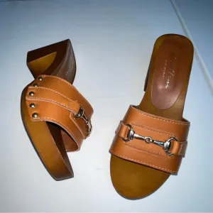 Avellini Wooden&amp; Leather Heels Made In Italy Women's Tan Mules