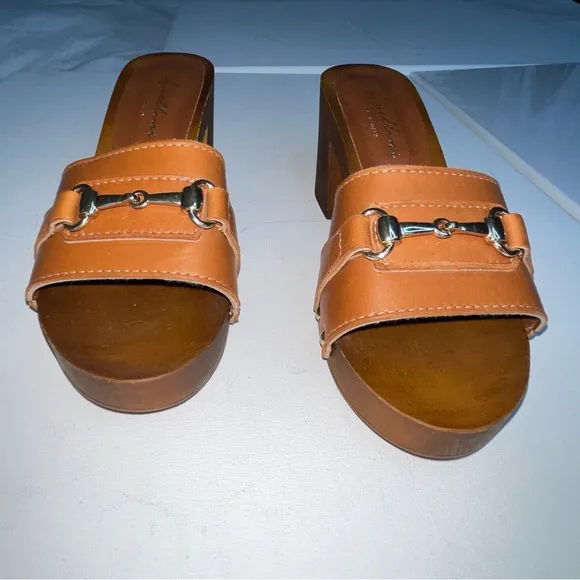 Avellini Wooden&amp; Leather Heels Made In Italy Women's Tan Mules