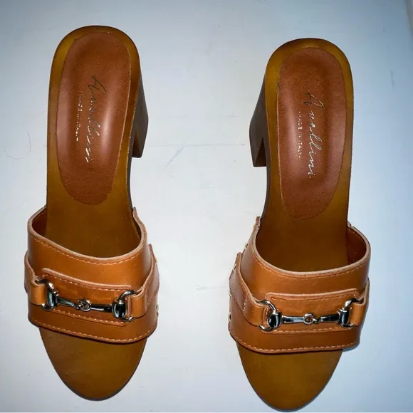 Avellini Wooden&amp; Leather Heels Made In Italy Women's Tan Mules