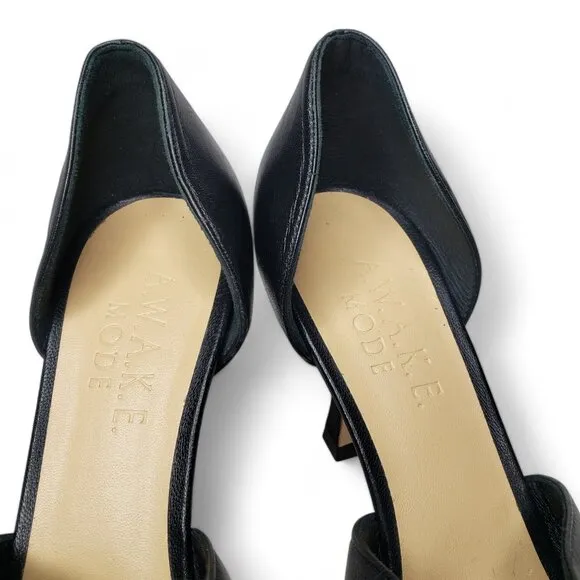 A.W.A.K.E. Mode D'Orsay Pump Women's Black Square Front Leather Kitten Heels 8.5