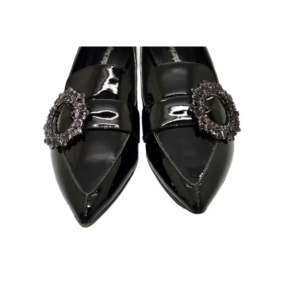 B0 NEW JEFFREY CAMPBELL Black Patent Jeweled Buckle Viona Loafers Shoes Size 10