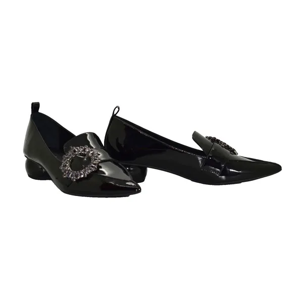 B0 NEW JEFFREY CAMPBELL Black Patent Jeweled Buckle Viona Loafers Shoes Size 10