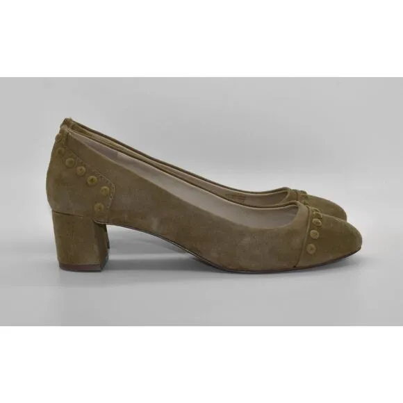 B2 Auth TORY BURCH Colt Studded Brown Suede Block Heels Pump Shoes Size 8M