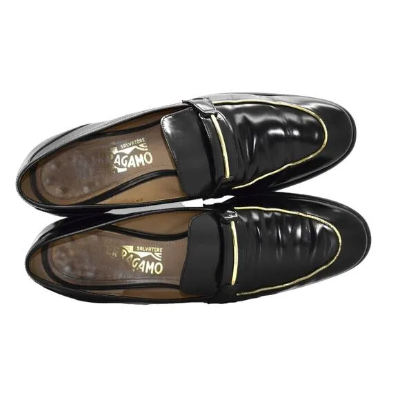 B4 Auth SALVATORE FERRAGAMO Reed Black Leather Gold Trim Loafer Shoes Sz 9B $495