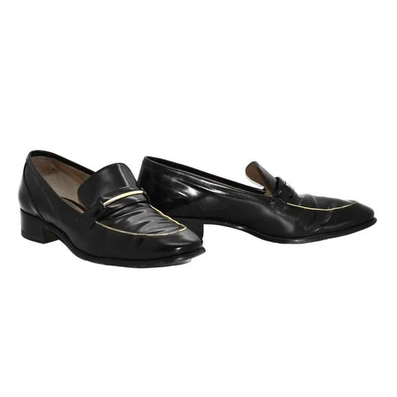 B4 Auth SALVATORE FERRAGAMO Reed Black Leather Gold Trim Loafer Shoes Sz 9B $495