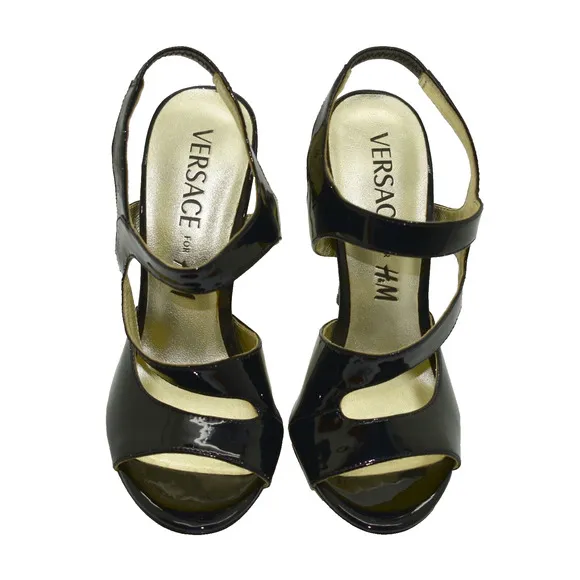 B5 Auth VERSACE FOR H&amp;M Black Patent Leather High Heels Sandal Shoes Sz 38 US 7