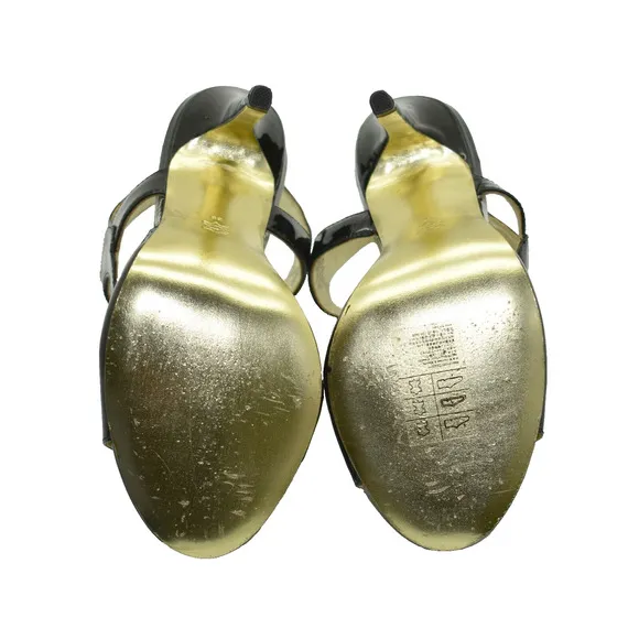 B5 Auth VERSACE FOR H&amp;M Black Patent Leather High Heels Sandal Shoes Sz 38 US 7