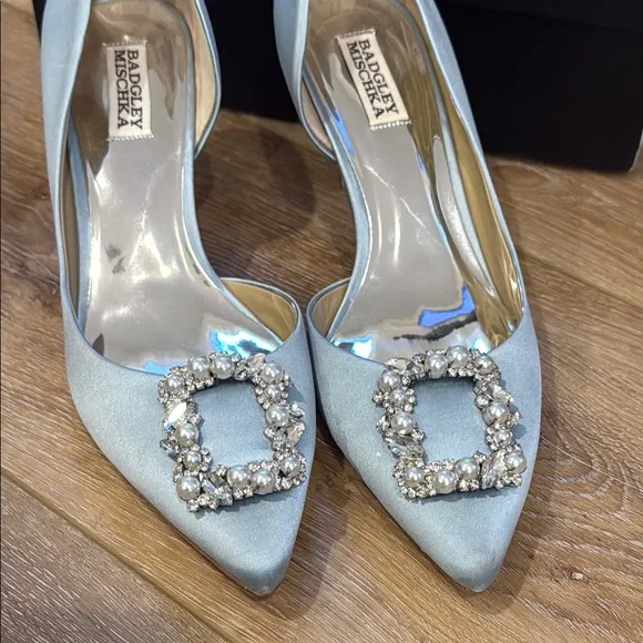 Badgley Mischka Fabia D’Orsay Women's Blue Satin Heels With Crystals 9.5