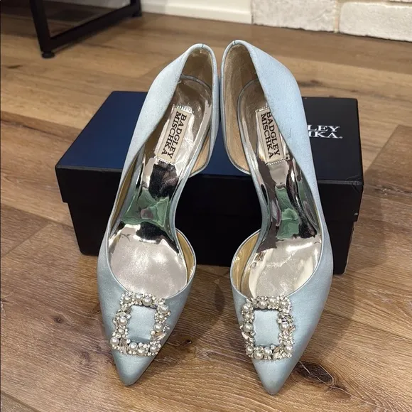 Badgley Mischka Fabia D’Orsay Women's Blue Satin Heels With Crystals 9.5