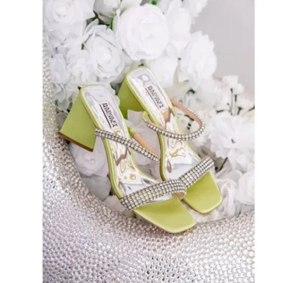 Badgley Mischka Frankie Embellished Satin Mules In Lemon Lime MSRP $245