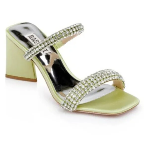 Badgley Mischka Frankie Embellished Satin Mules In Lemon Lime MSRP $245