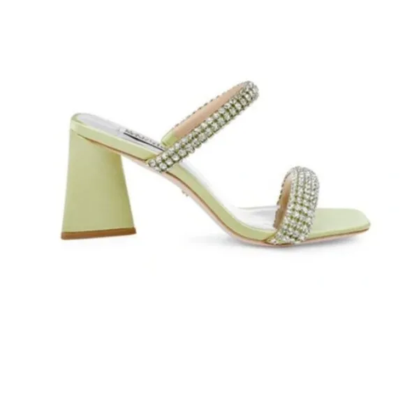 Badgley Mischka Frankie Embellished Satin Mules In Lemon Lime MSRP $245