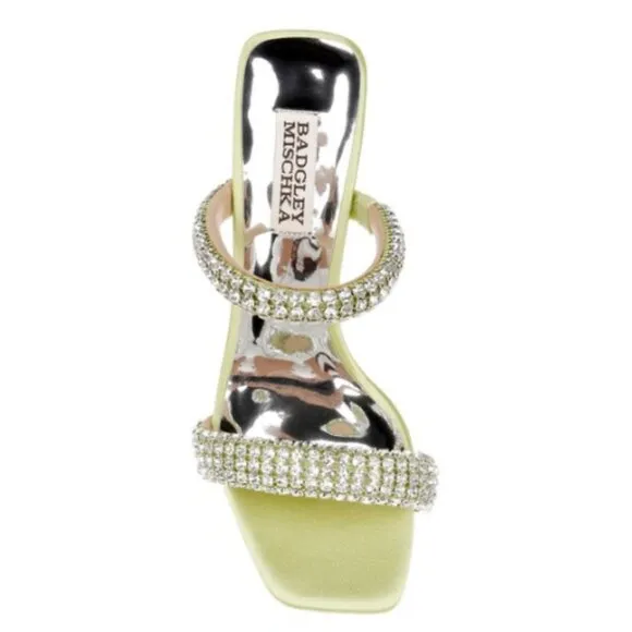 Badgley Mischka Frankie Embellished Satin Mules In Lemon Lime MSRP $245