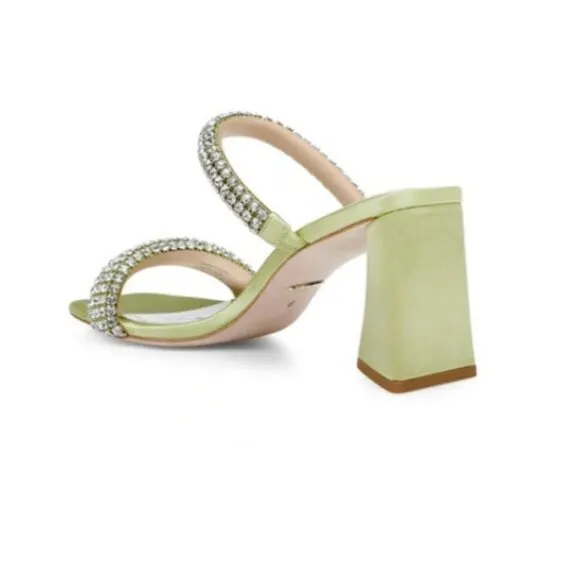 Badgley Mischka Frankie Embellished Satin Mules In Lemon Lime MSRP $245