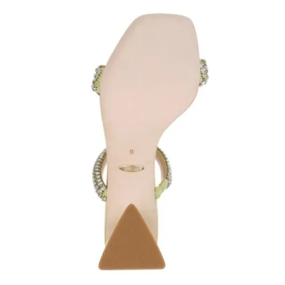 Badgley Mischka Frankie Embellished Satin Mules In Lemon Lime MSRP $245