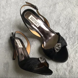 Badgley Mischka Raveen Black Satin Rhinestone Slingback Heels Prom Wedding Sz 6