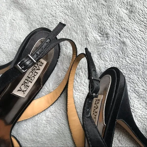 Badgley Mischka Raveen Black Satin Rhinestone Slingback Heels Prom Wedding Sz 6