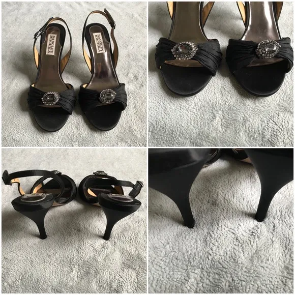 Badgley Mischka Raveen Black Satin Rhinestone Slingback Heels Prom Wedding Sz 6