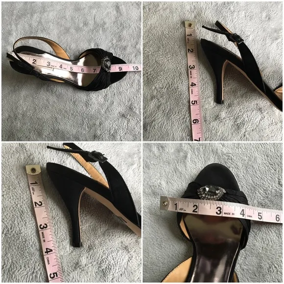 Badgley Mischka Raveen Black Satin Rhinestone Slingback Heels Prom Wedding Sz 6