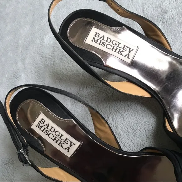 Badgley Mischka Raveen Black Satin Rhinestone Slingback Heels Prom Wedding Sz 6
