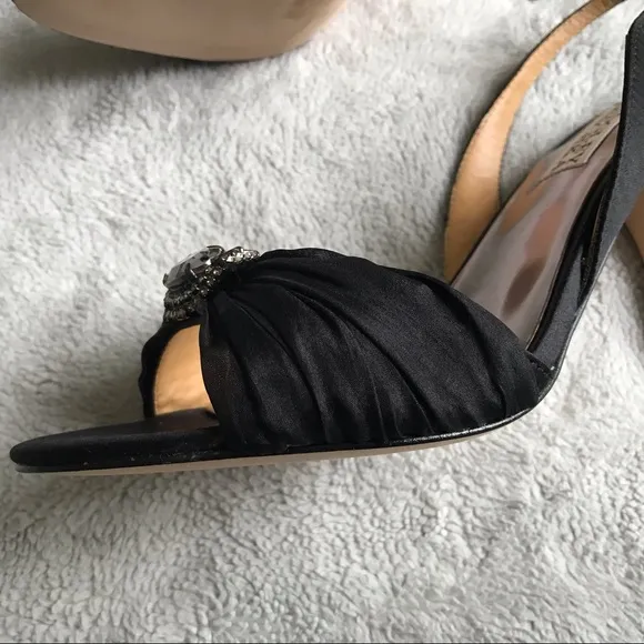 Badgley Mischka Raveen Black Satin Rhinestone Slingback Heels Prom Wedding Sz 6