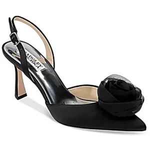 Badgley Mischka Womens Carlise Black Rosette Satin Slingback Heels NWOB