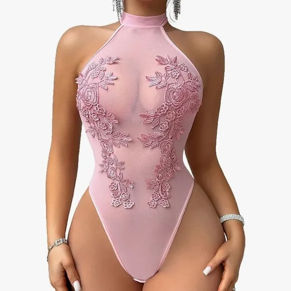 Barbie pink embroidered floral bodysuit lingerie Pinup romper sexy babydoll mesh