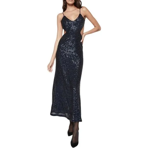Bardot Knox Sequin Side Cutout Slip Maxi Dress Backless Dark Navy Size 10 New