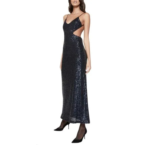 Bardot Knox Sequin Side Cutout Slip Maxi Dress Backless Dark Navy Size 10 New