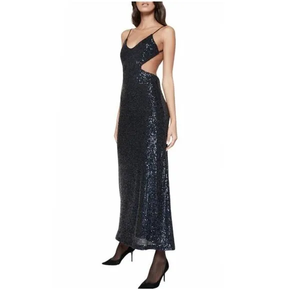 Bardot Knox Sequin Side Cutout Slip Maxi Dress Backless Dark Navy Size 10 New