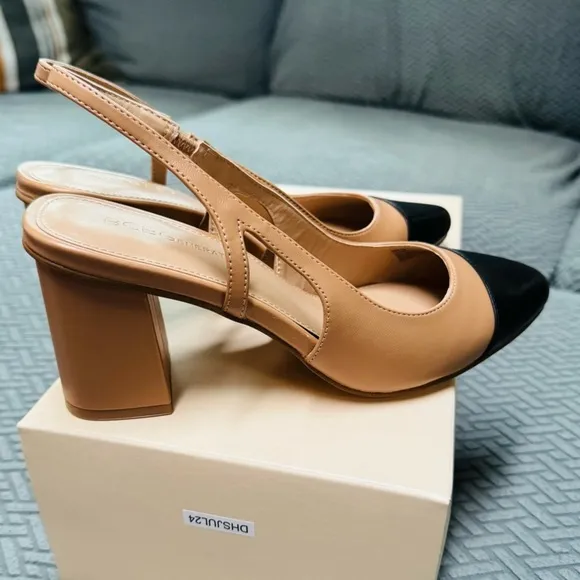 BCBGeneration Tan and Black Slingback Heels with Pointed Toe