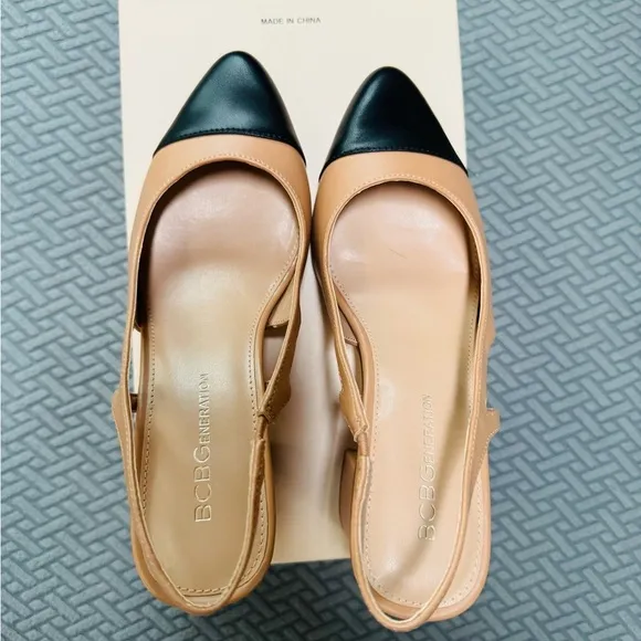 BCBGeneration Tan and Black Slingback Heels with Pointed Toe