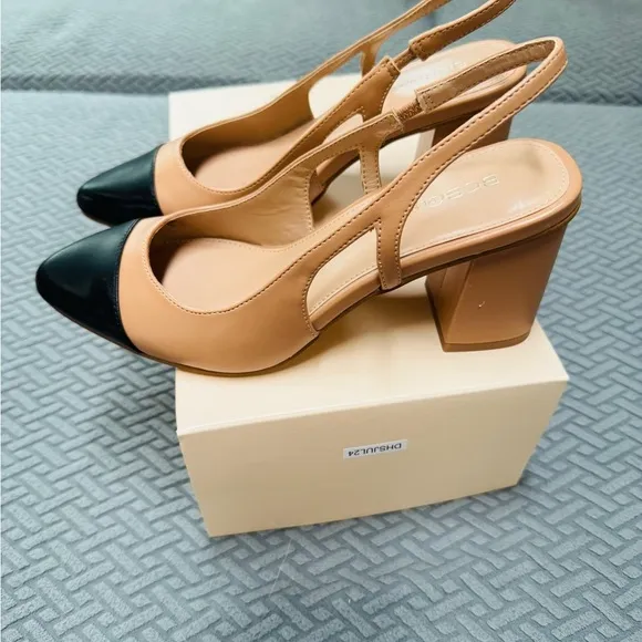 BCBGeneration Tan and Black Slingback Heels with Pointed Toe