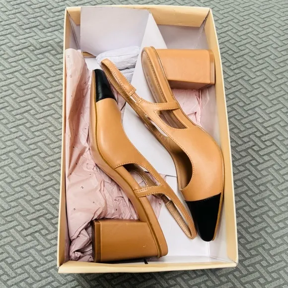 BCBGeneration Tan and Black Slingback Heels with Pointed Toe