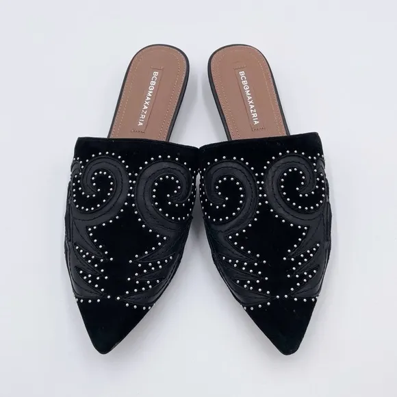 BCBGMAXAZRIA Nola Mules Black Suede Leather Studded Slip On Shoe Womens Size 6.5