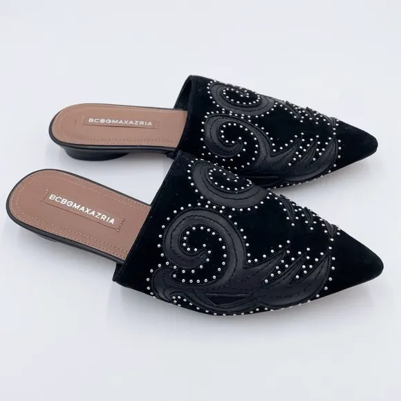 BCBGMAXAZRIA Nola Mules Black Suede Leather Studded Slip On Shoe Womens Size 6.5