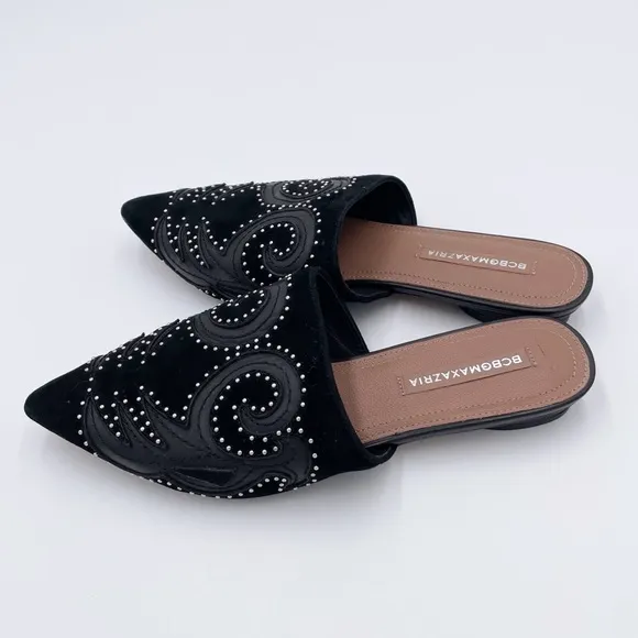 BCBGMAXAZRIA Nola Mules Black Suede Leather Studded Slip On Shoe Womens Size 6.5