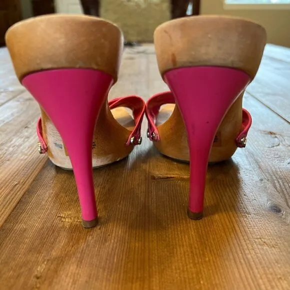 Bebe Barbie Vintage Pink Leather Heart Rhinestone Jeweled Wooden Mules Size 7.5