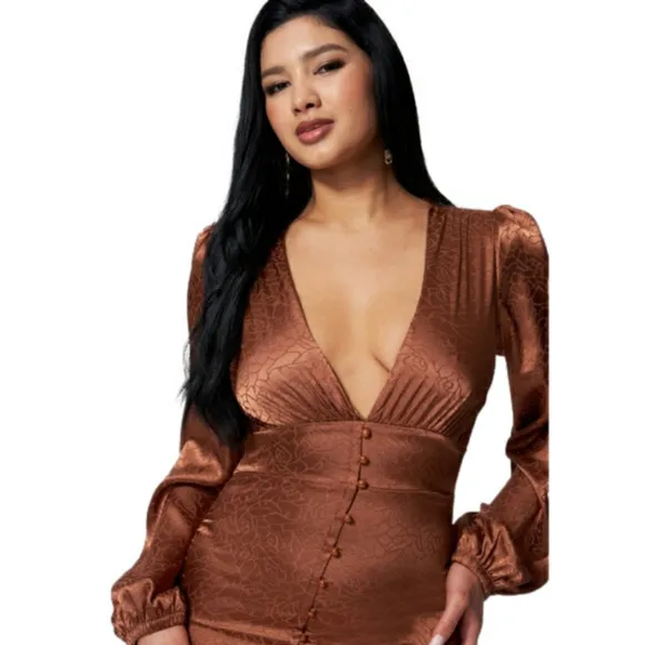 BEBE COPPER FLORAL SATIN BUTTON UP JACQUARD MINI DRESS size medium new