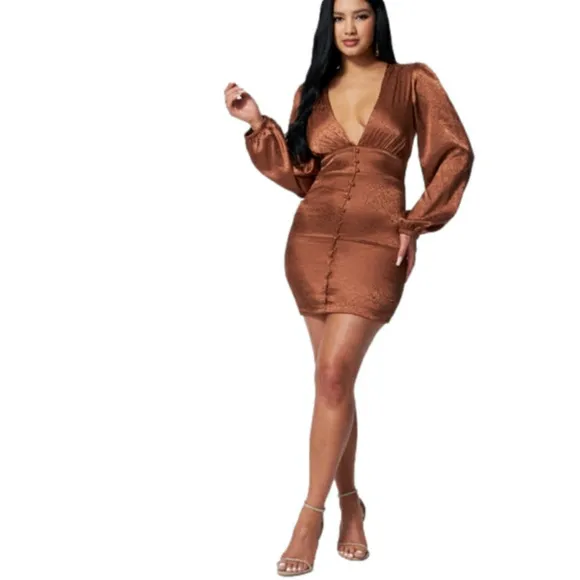 BEBE COPPER FLORAL SATIN BUTTON UP JACQUARD MINI DRESS size medium new