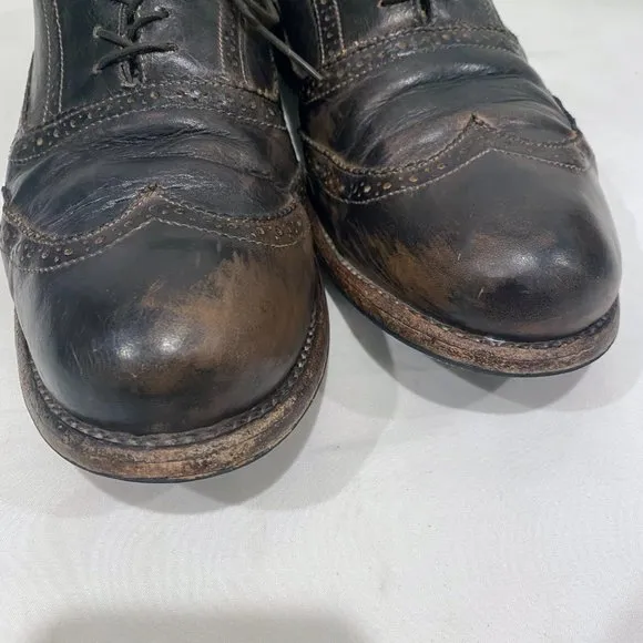 Bed‎ Stu Mens Cobbler Distressed Black/Brown Leather Wingtip Oxfords Shoes 10.5