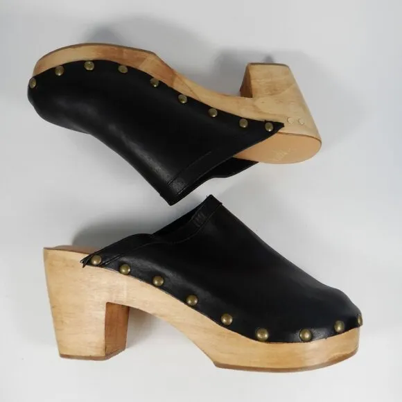 Beek Woodpecker Clogs Mules Size 10 Studded Wood Platform Black Leather NEW $320