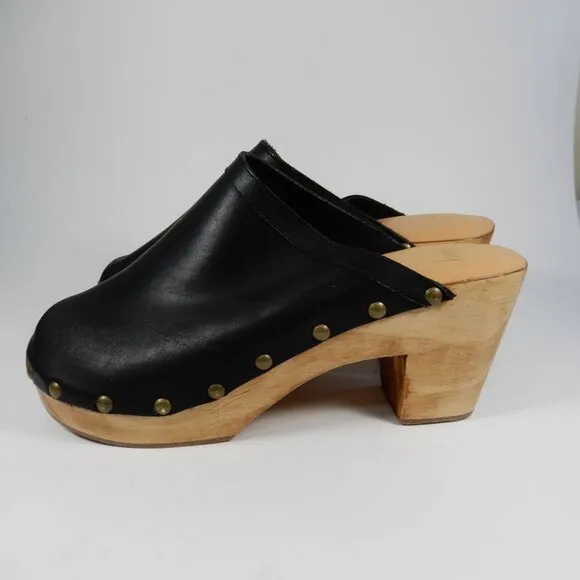 Beek Woodpecker Clogs Mules Size 10 Studded Wood Platform Black Leather NEW $320
