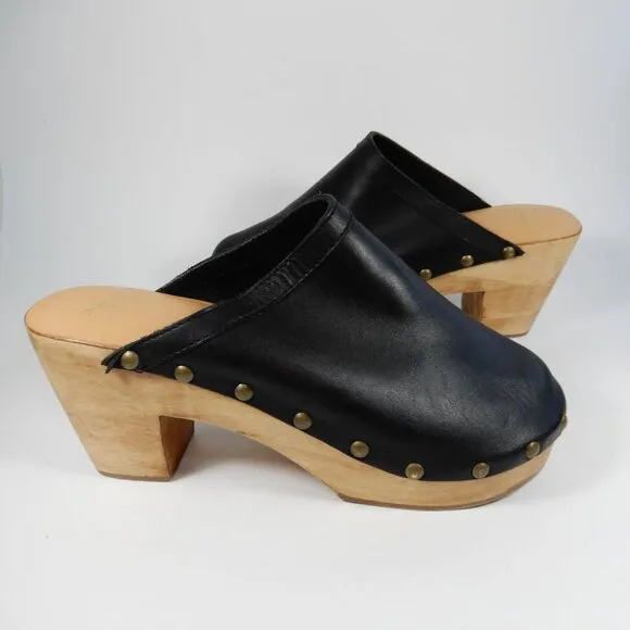 Beek Woodpecker Clogs Mules Size 10 Studded Wood Platform Black Leather NEW $320