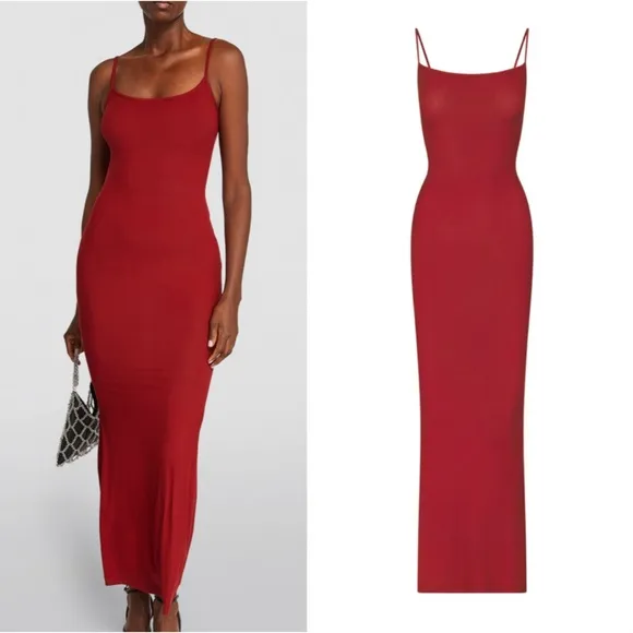 BEST Skims Soft Ribbed Lounge Long Slip Maxi Dress - Brick Red Wine Knit Soft