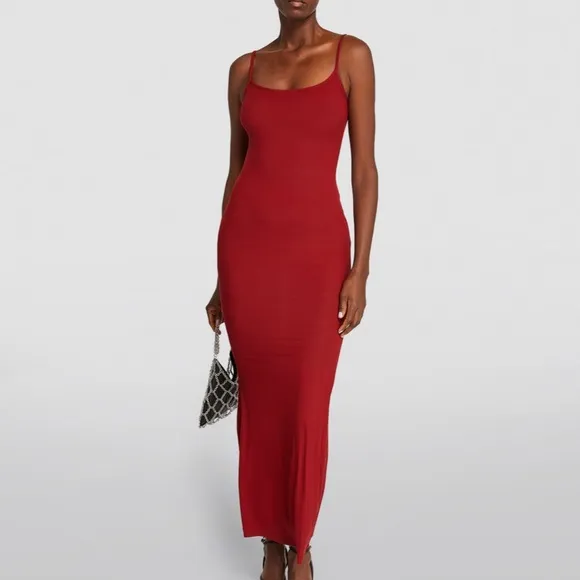 BEST Skims Soft Ribbed Lounge Long Slip Maxi Dress - Brick Red Wine Knit Soft
