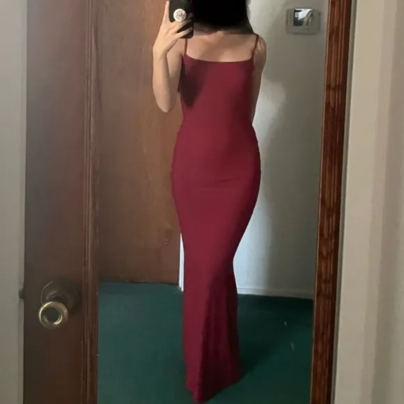 BEST Skims Soft Ribbed Lounge Long Slip Maxi Dress - Brick Red Wine Knit Soft